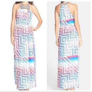 Charlie Jade Beaded Neck Blue White Pink Maxi Dress 8 10 M Anthropologie